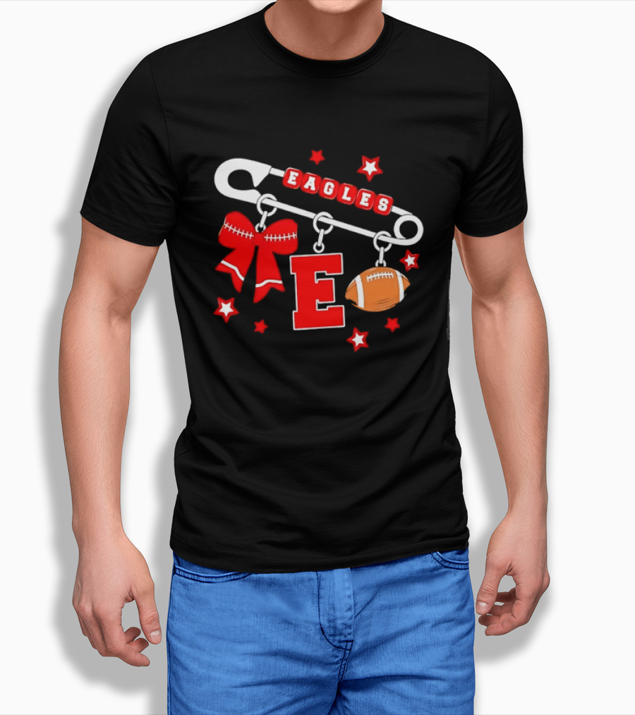 Eagles Safety Pin Charm Football Bow Letter E Stars T-Shirt