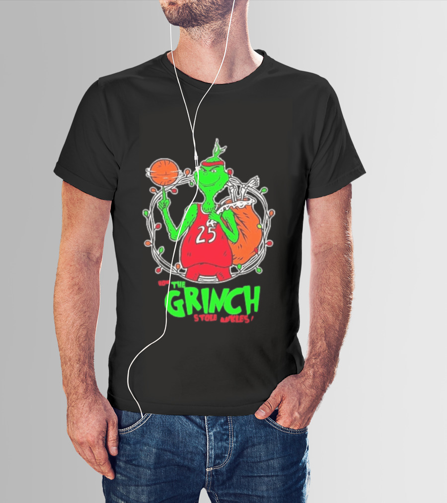 The Grinch Basketball Christmas Lights Jersey 25 Stole Ankles Green T-Shirt