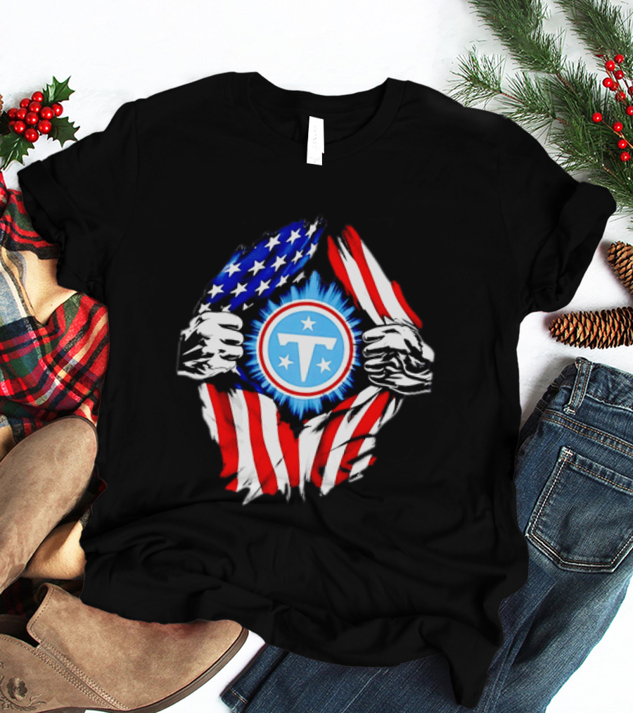 Tennessee Titans American Flag Ripped Chest USA Football Fan T-Shirt