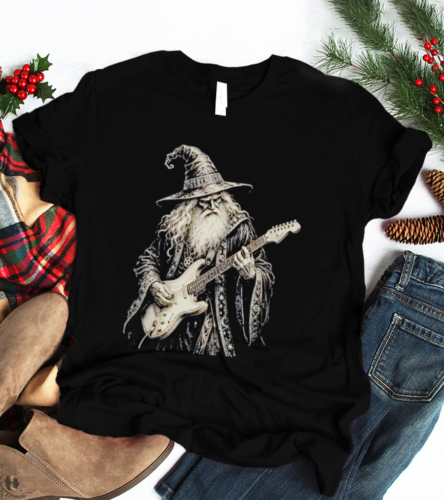 Wizard Playing Electric Guitar Fantasy Musician Magical Rock Legend T-Shirt