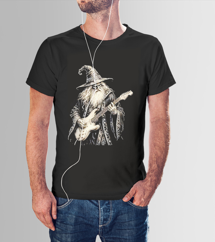 Wizard Playing Electric Guitar Fantasy Musician Magical Rock Legend T-Shirt