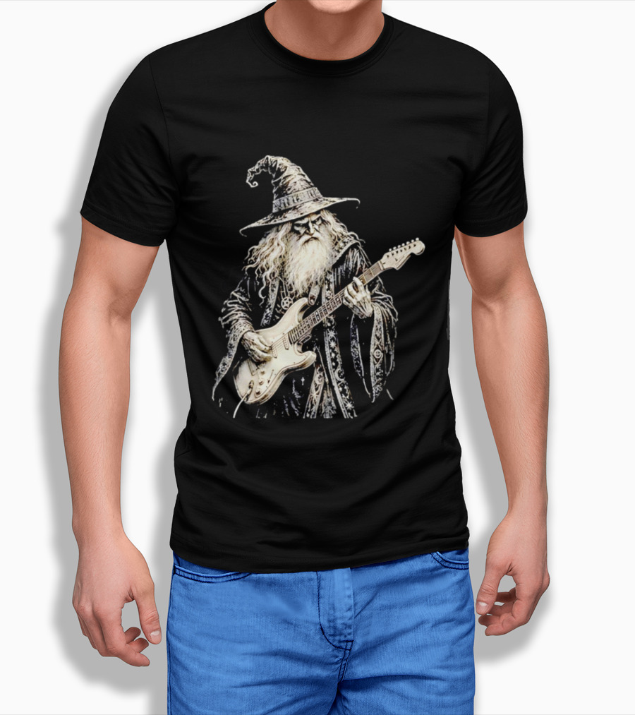 Wizard Playing Electric Guitar Fantasy Musician Magical Rock Legend T-Shirt