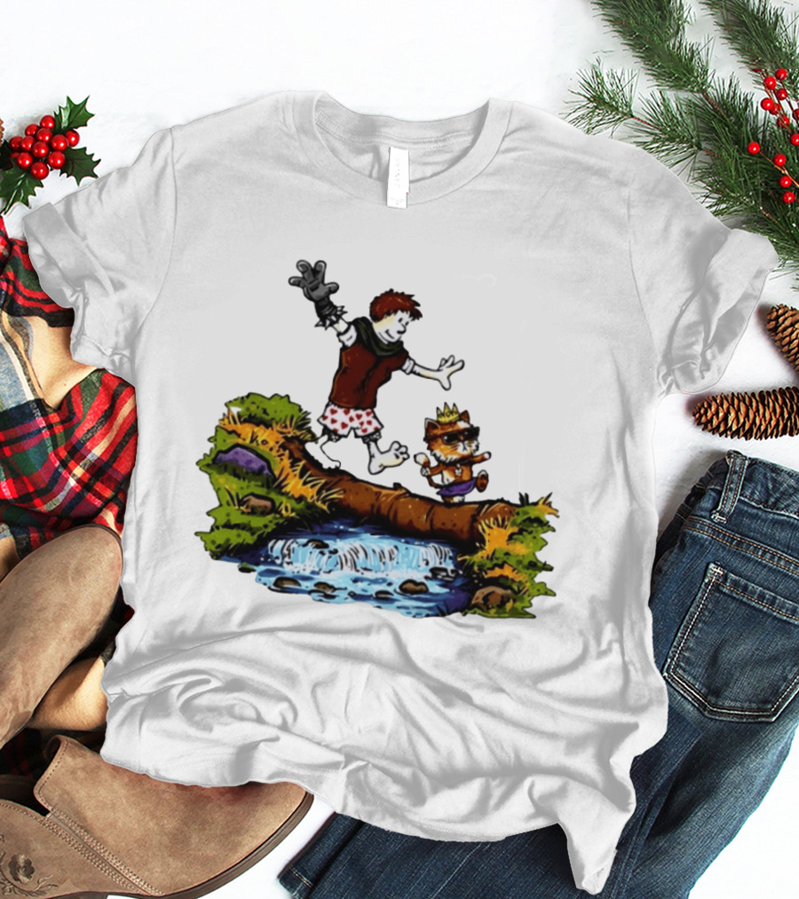 Boy And Crowned Cat Balancing On Log Over Stream T-Shirt