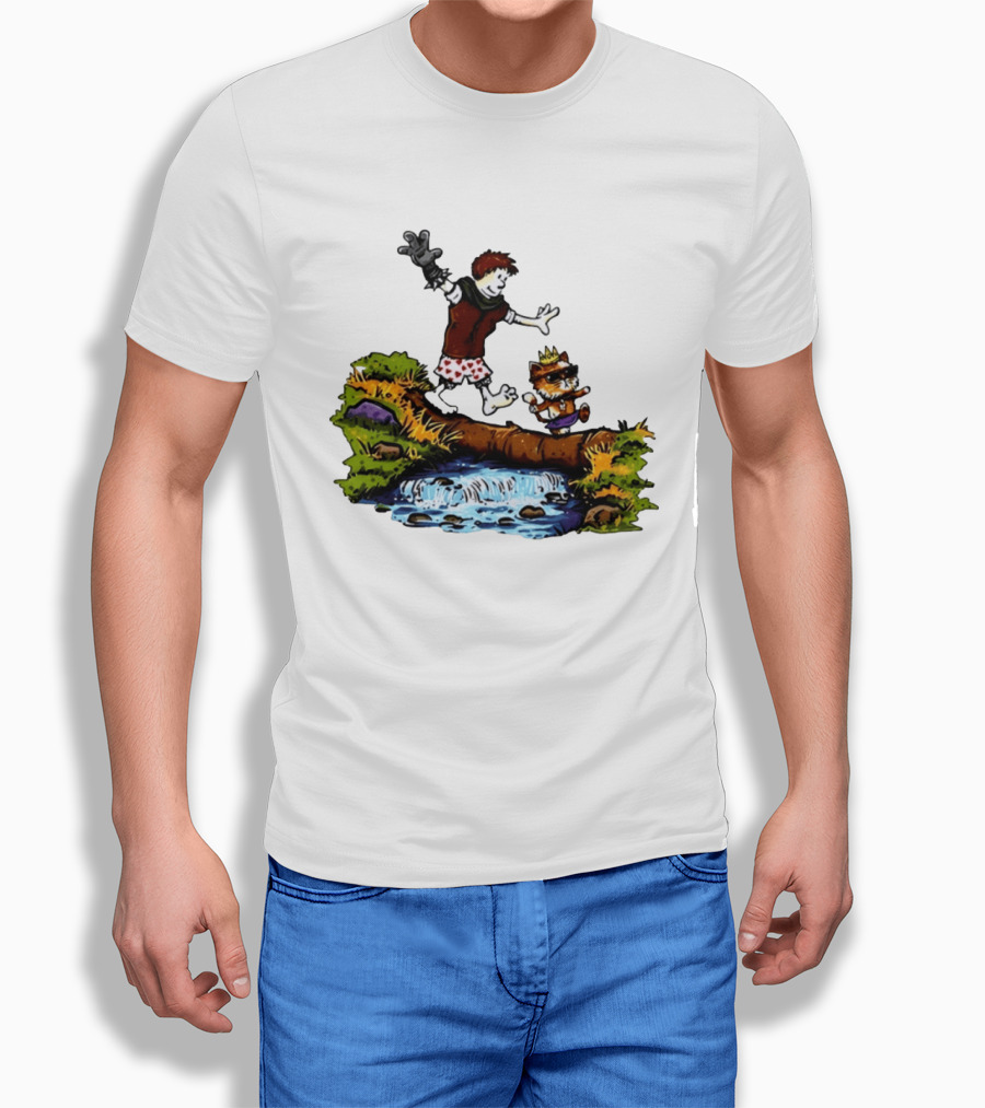 Boy And Crowned Cat Balancing On Log Over Stream T-Shirt