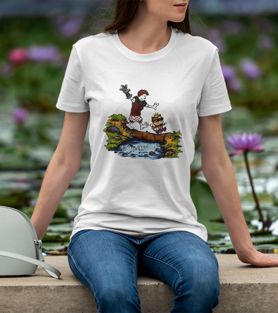 Boy And Crowned Cat Balancing On Log Over Stream T-Shirt