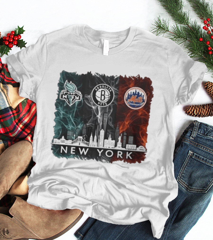 Brooklyn Nets New York Mets Liberty 2026 Celebration Skyline T-Shirt