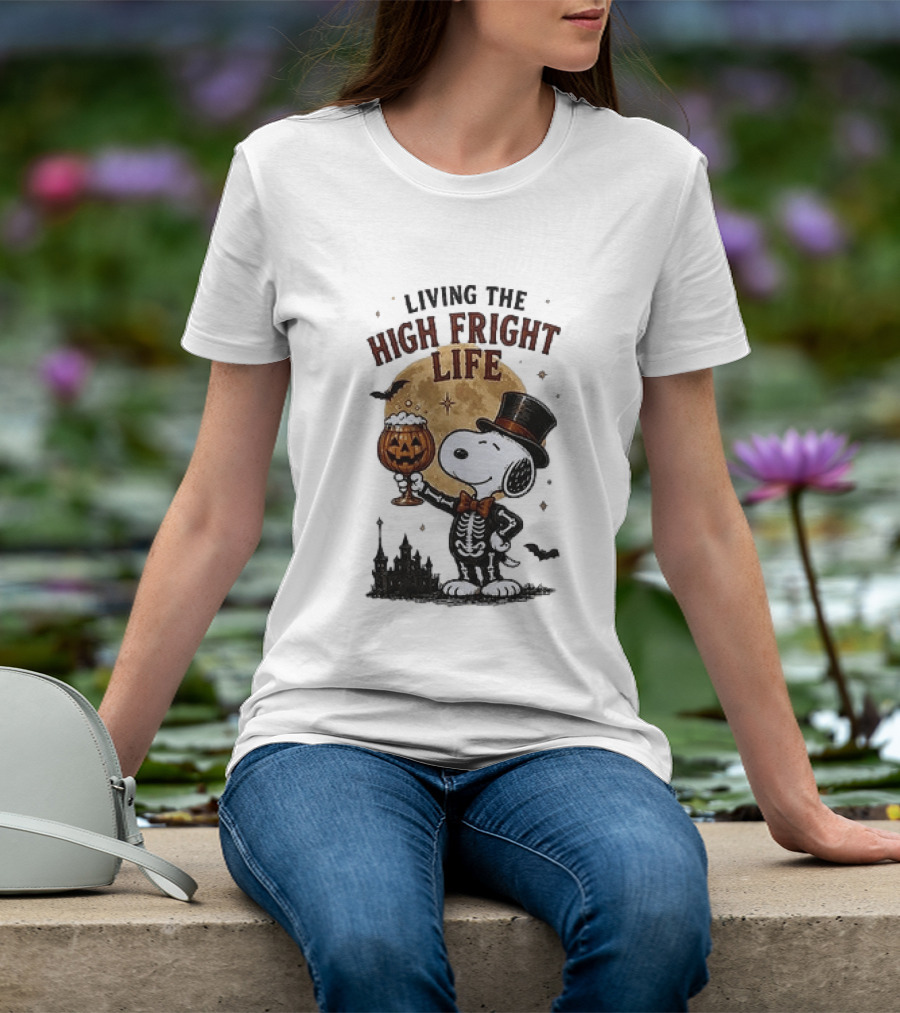 Peanuts Snoopy Living The High Fright Life Halloween Moon Pumpkin T-Shirt