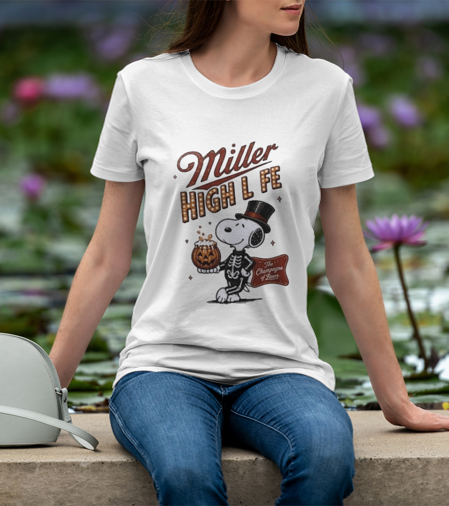 Miller High Life Snoopy Skeleton Halloween The Champagne Of Beers T-Shirt