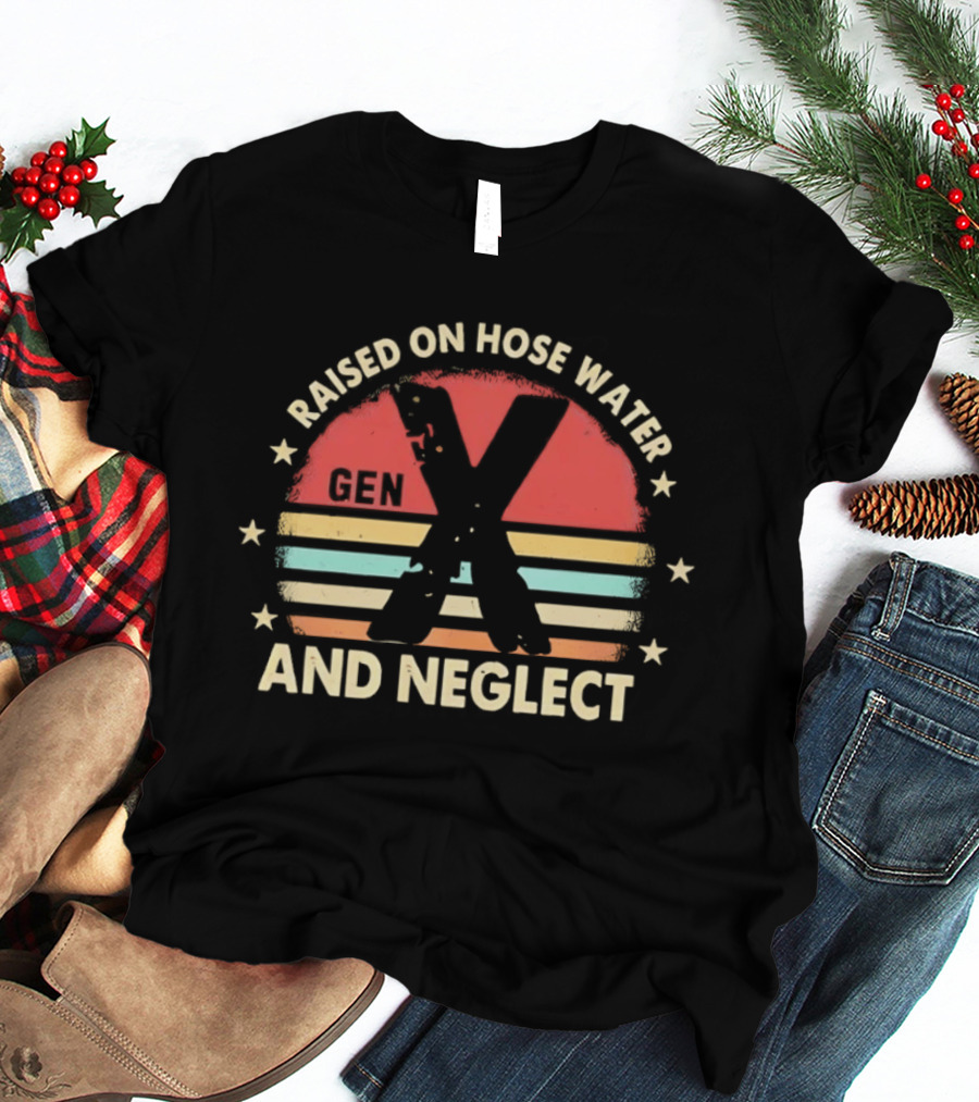 Gen X Raised On Hose Water And Neglect Vintage 70s Style Retro Stripes T-Shirt