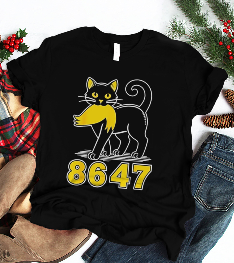 Black Cat 8647 Feline With Yellow Mustache T-Shirt