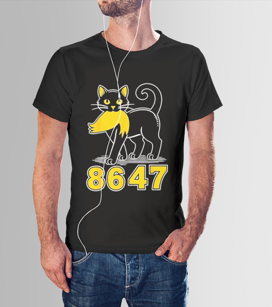 Black Cat 8647 Feline With Yellow Mustache T-Shirt