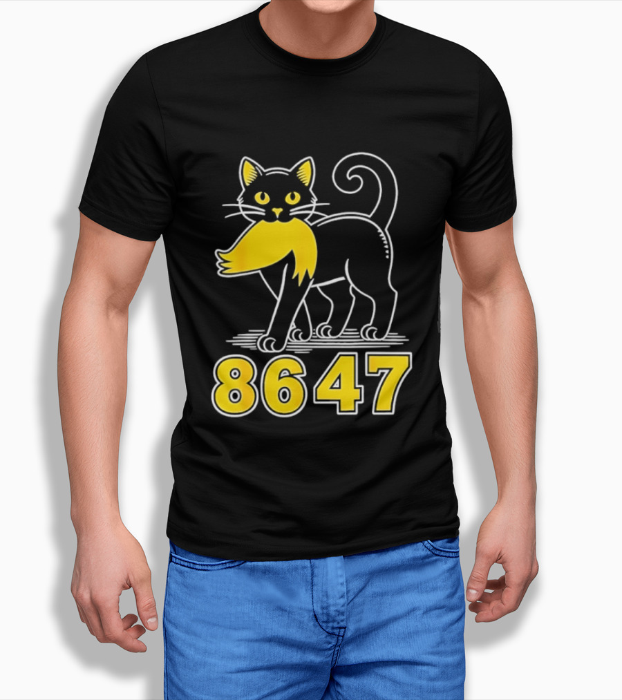 Black Cat 8647 Feline With Yellow Mustache T-Shirt