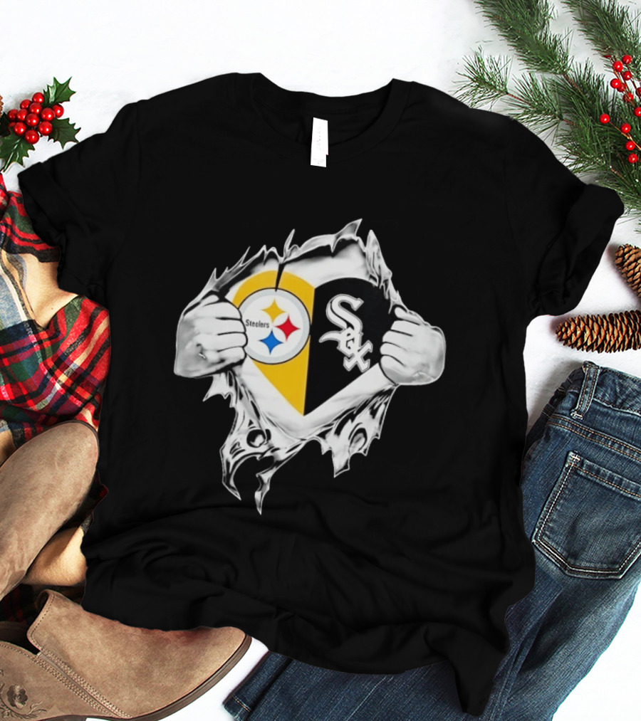 Pittsburgh Steelers Chicago White Sox Heart Superman Chest Rip T-Shirt
