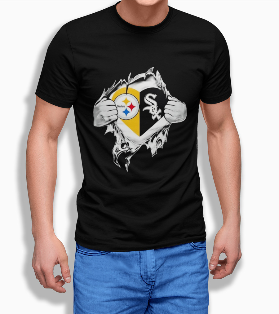 Pittsburgh Steelers Chicago White Sox Heart Superman Chest Rip T-Shirt