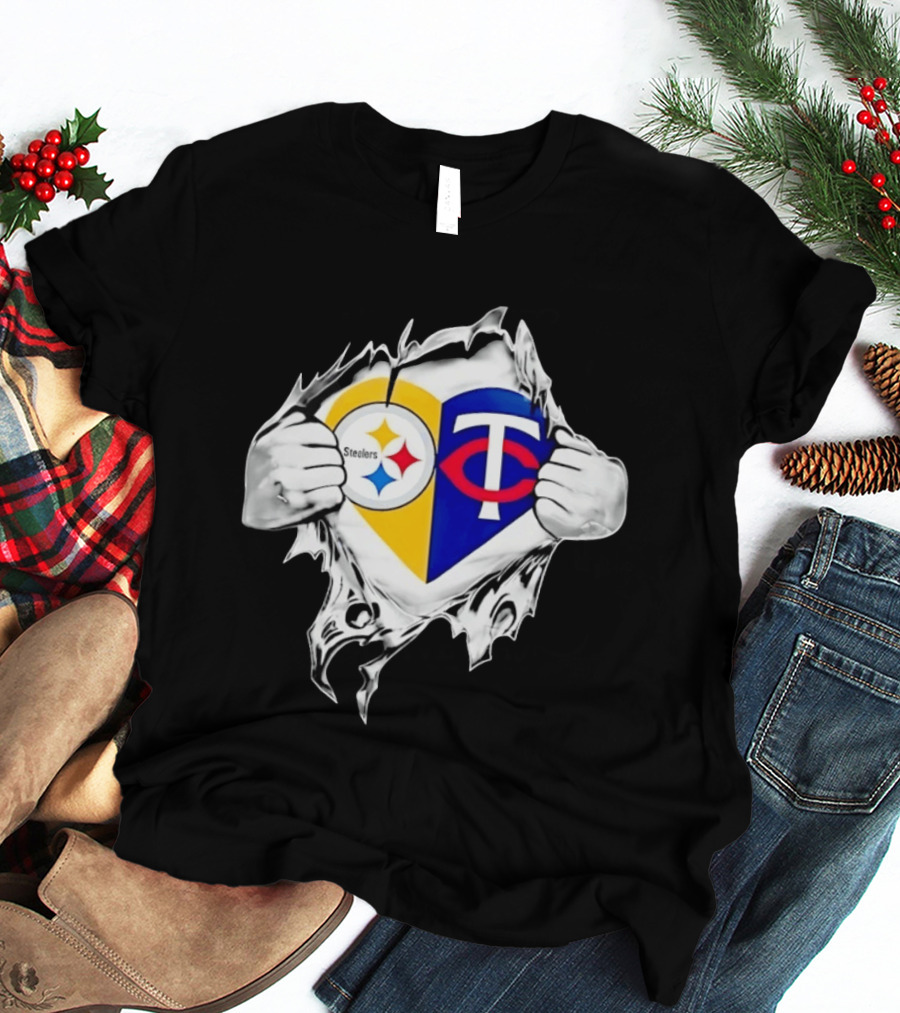 Pittsburgh Steelers Minnesota Twins Heart Superman Chest Rip T-Shirt