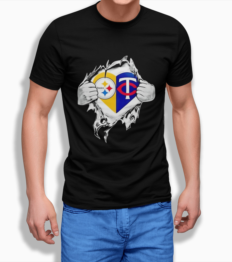 Pittsburgh Steelers Minnesota Twins Heart Superman Chest Rip T-Shirt