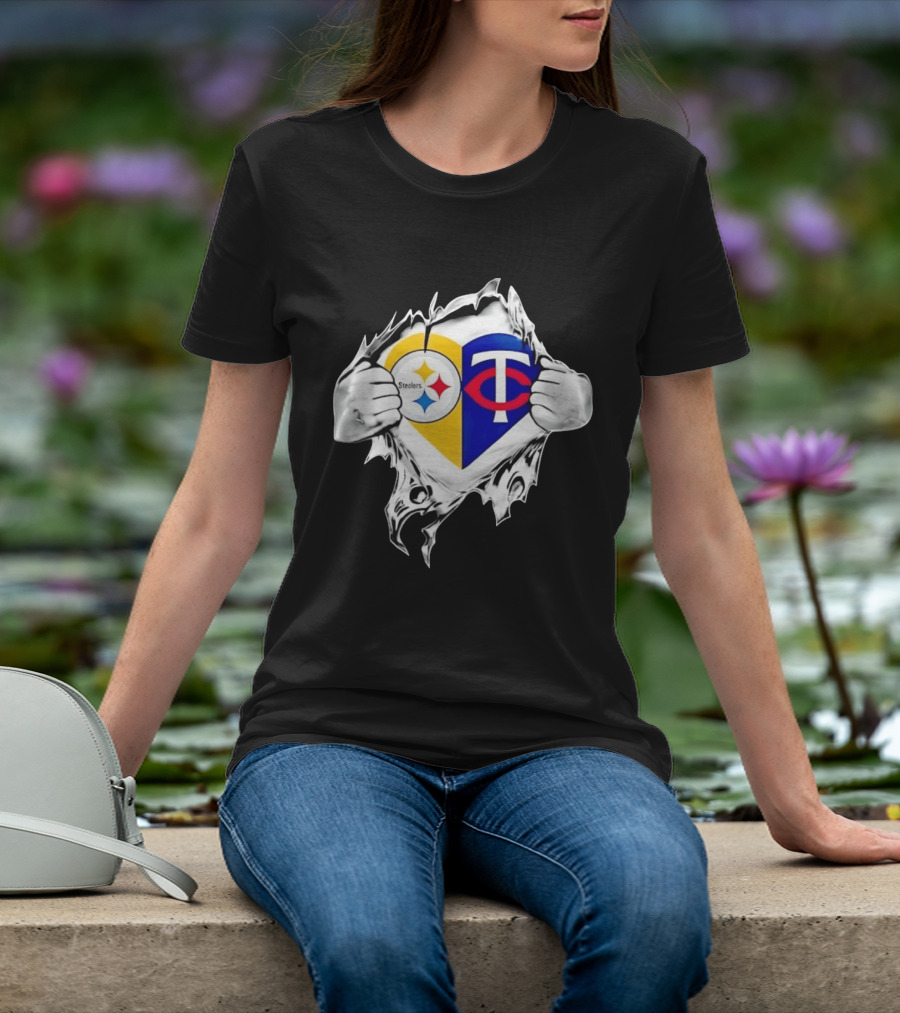 Pittsburgh Steelers Minnesota Twins Heart Superman Chest Rip T-Shirt