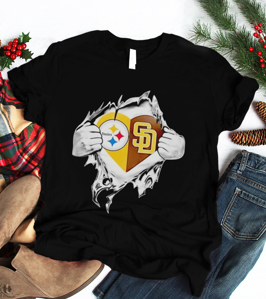 Pittsburgh Steelers San Diego Padres Heart Superman Chest Rip T-Shirt