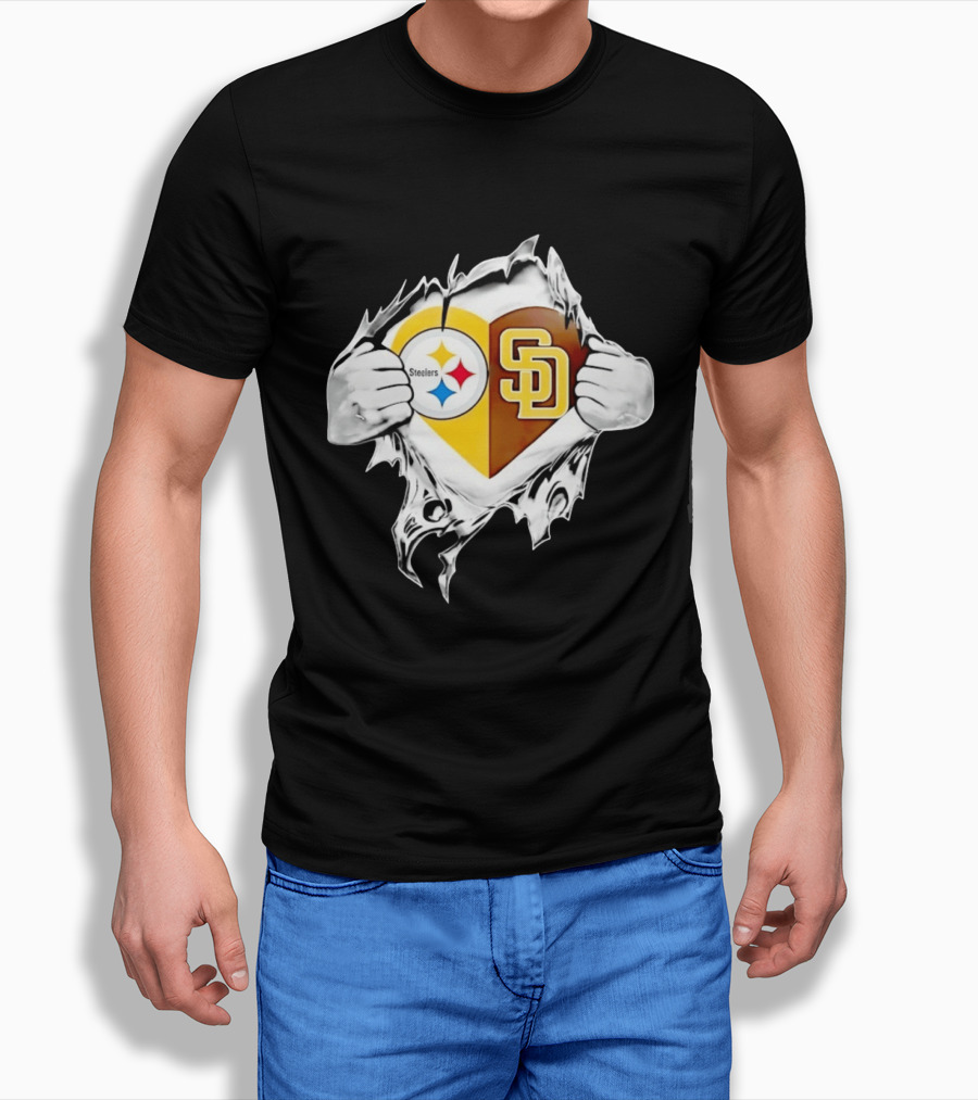 Pittsburgh Steelers San Diego Padres Heart Superman Chest Rip T-Shirt