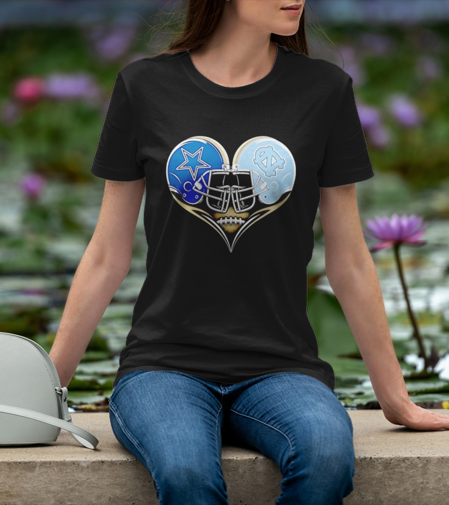 Dallas Cowboys North Carolina Tar Heels Heart Helmet Football T-Shirt
