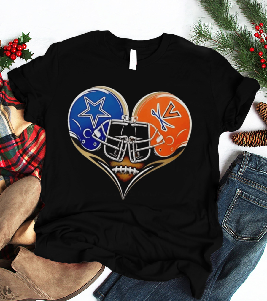 Dallas Cowboys Virginia Cavaliers Heart Helmet Football Fusion T-Shirt