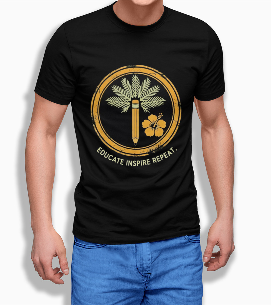 Distressed Educate Inspire Repeat Palm Tree Pencil Hibiscus T-Shirt