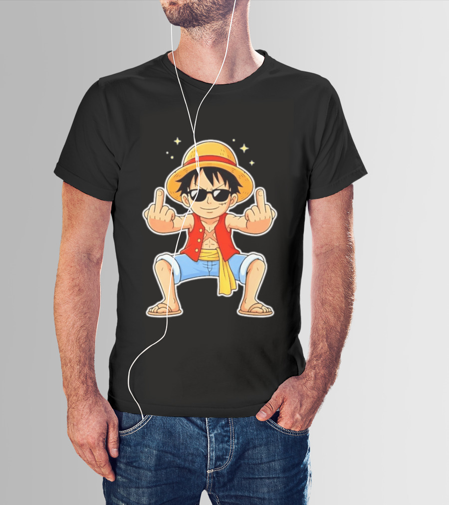 Monkey D Luffy Sunglasses Middle Finger Gesture Anime T-Shirt