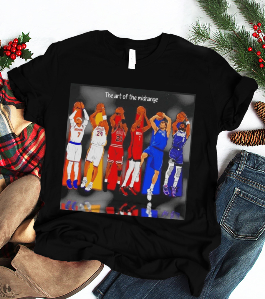 The Art Of The Midrange Basketball Legends Collage Knicks Lakers Bulls Rockets Mavericks T-Shirt