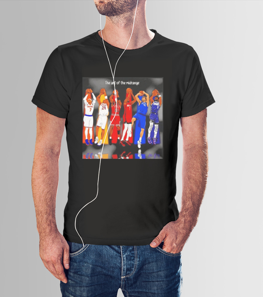 The Art Of The Midrange Basketball Legends Collage Knicks Lakers Bulls Rockets Mavericks T-Shirt