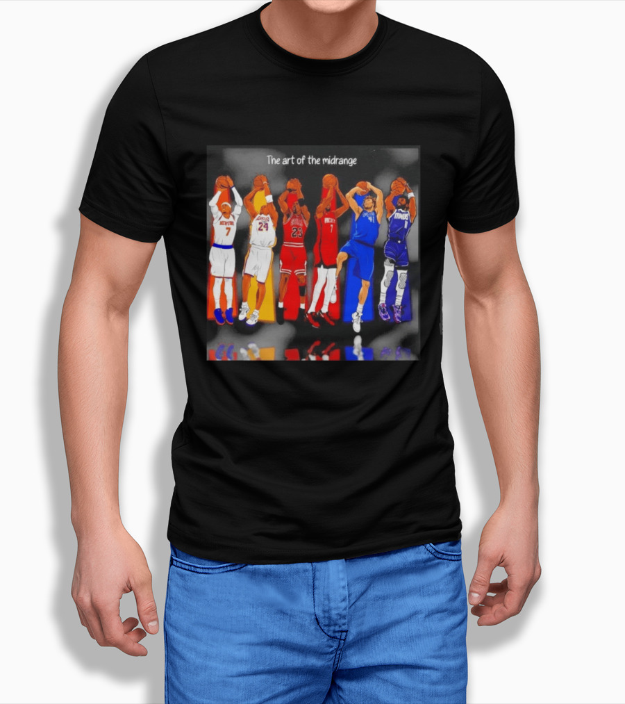The Art Of The Midrange Basketball Legends Collage Knicks Lakers Bulls Rockets Mavericks T-Shirt