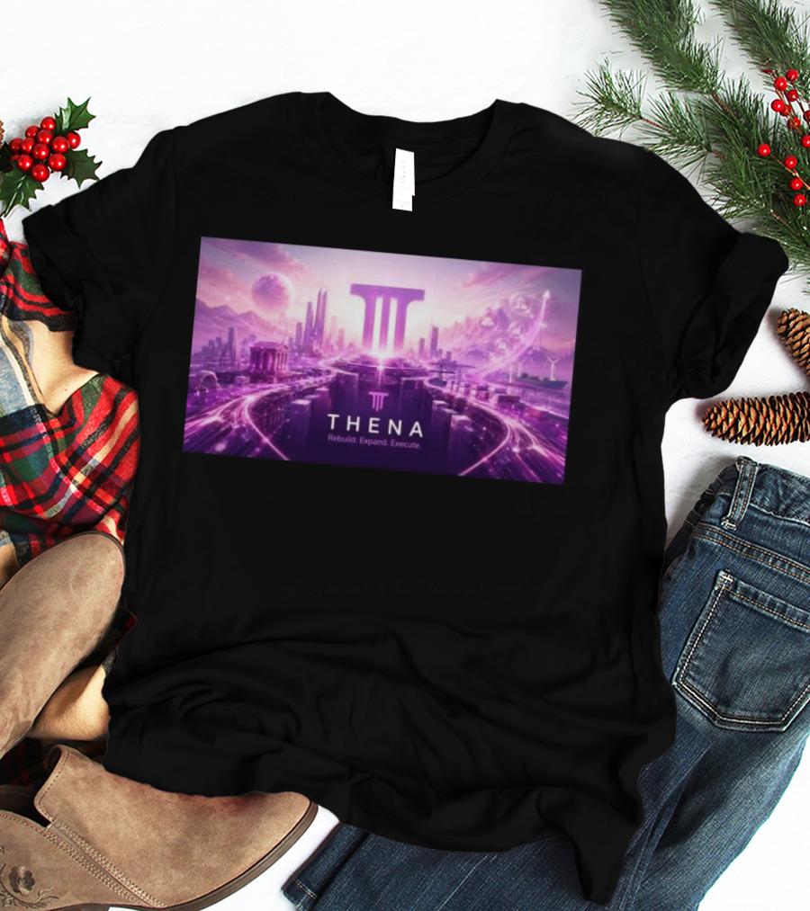 Thena Rebuild Expand Execute Futuristic Cityscape With Purple Skyline And Skyscrapers T-Shirt