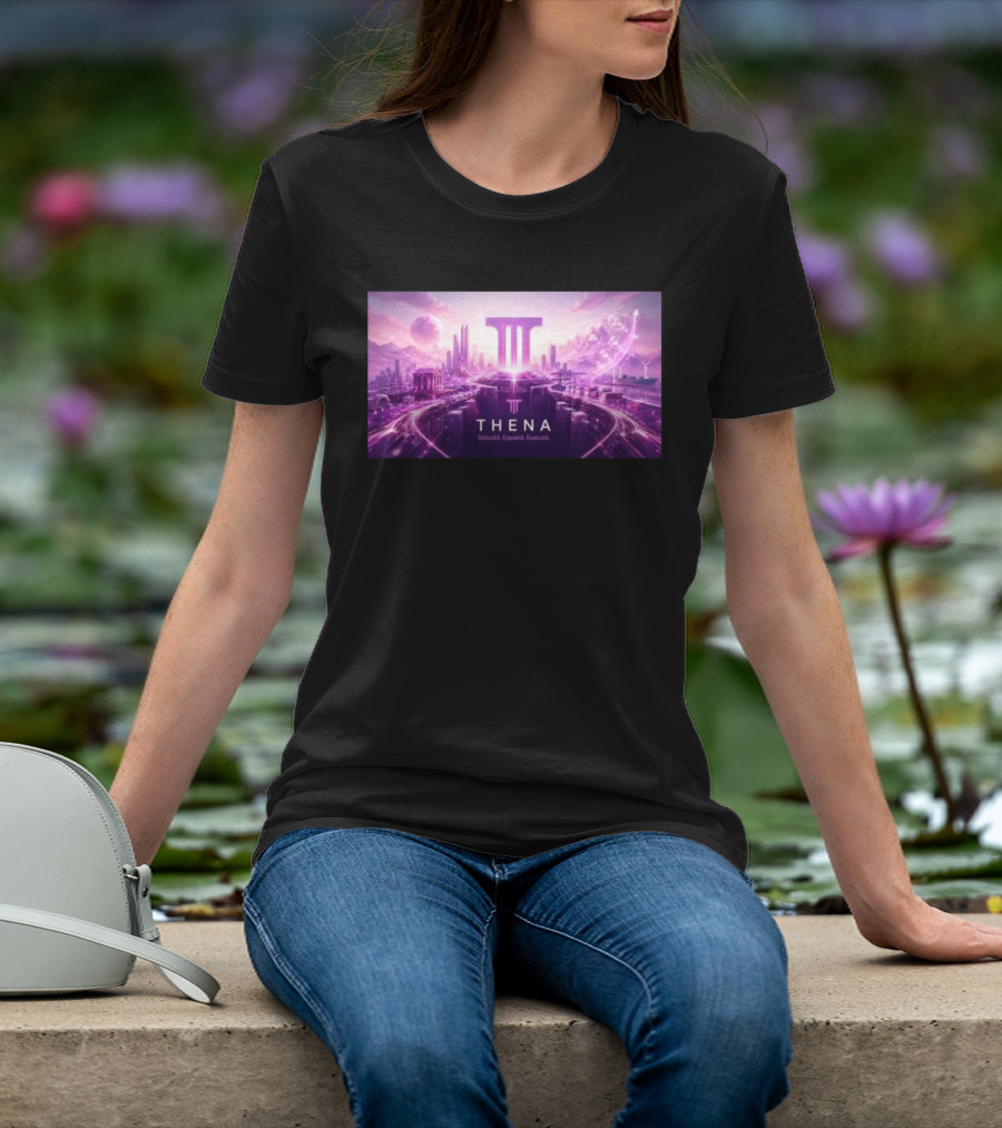Thena Rebuild Expand Execute Futuristic Cityscape With Purple Skyline And Skyscrapers T-Shirt