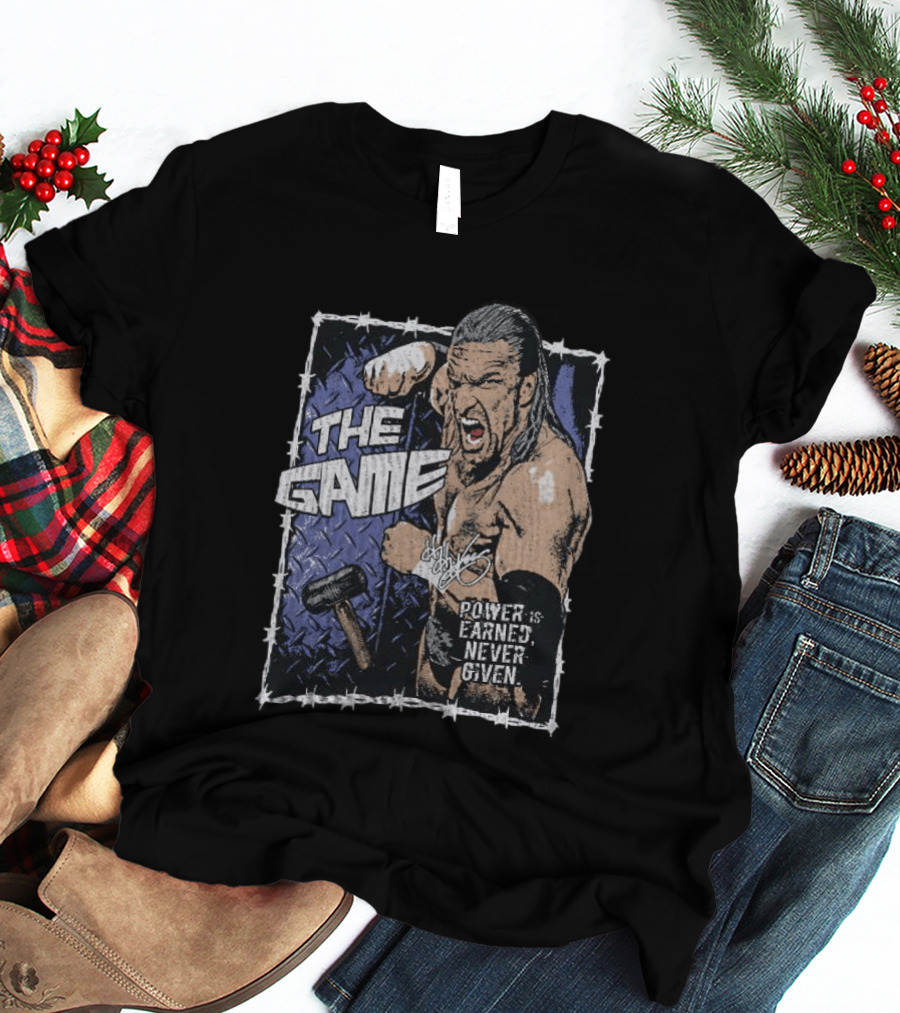 Triple H The Game WWE Power Is Earned Never Given Barbed Wire Signature Sledgehammer T-Shirt
