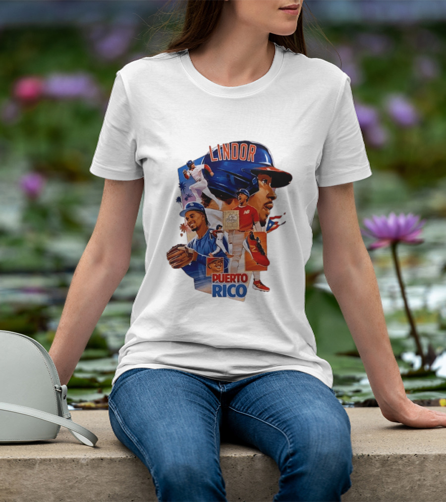 Francisco Lindor Puerto Rico New York Mets Baseball Legend Blue And Orange Helmet Dynamic Action Moves T-Shirt