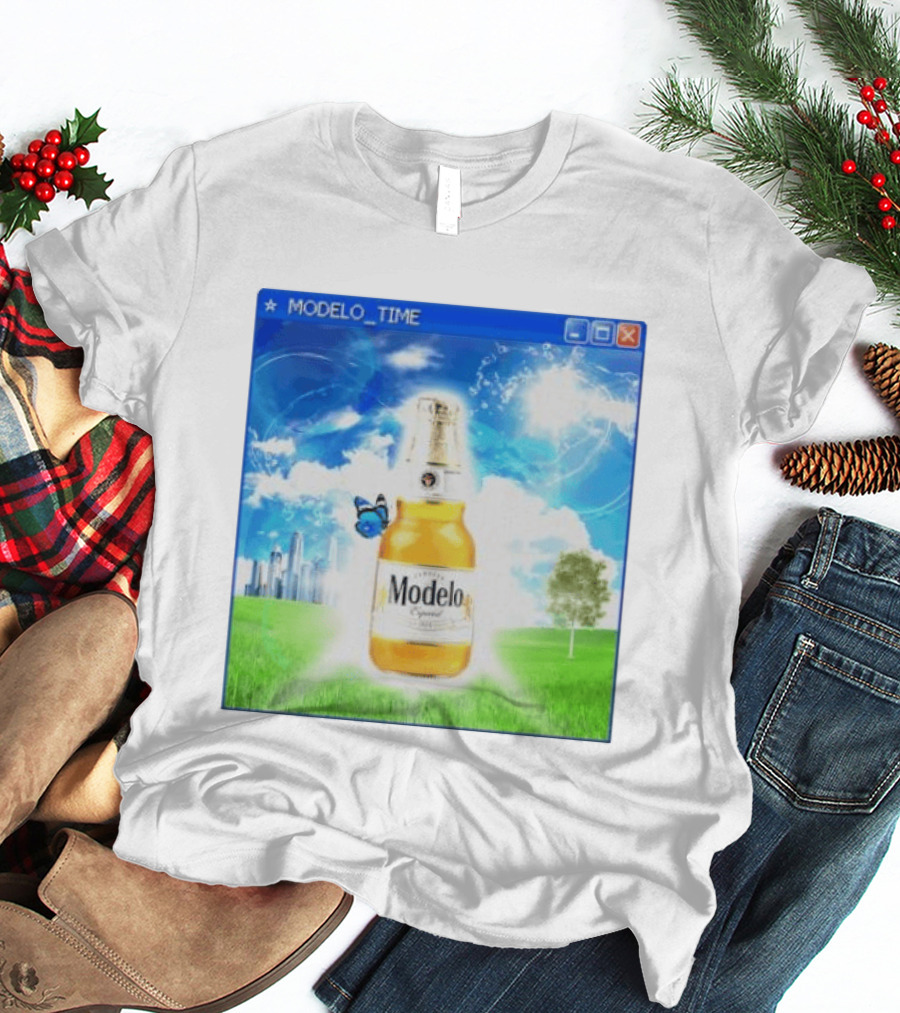Modelo Time Frutiger Aero Aesthetic Butterfly Bottle Clouds Cityscape T-Shirt