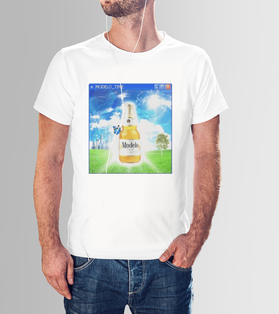 Modelo Time Frutiger Aero Aesthetic Butterfly Bottle Clouds Cityscape T-Shirt
