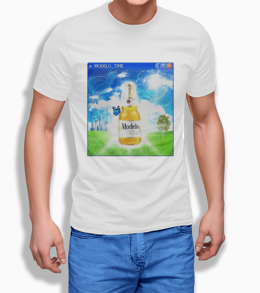Modelo Time Frutiger Aero Aesthetic Butterfly Bottle Clouds Cityscape T-Shirt