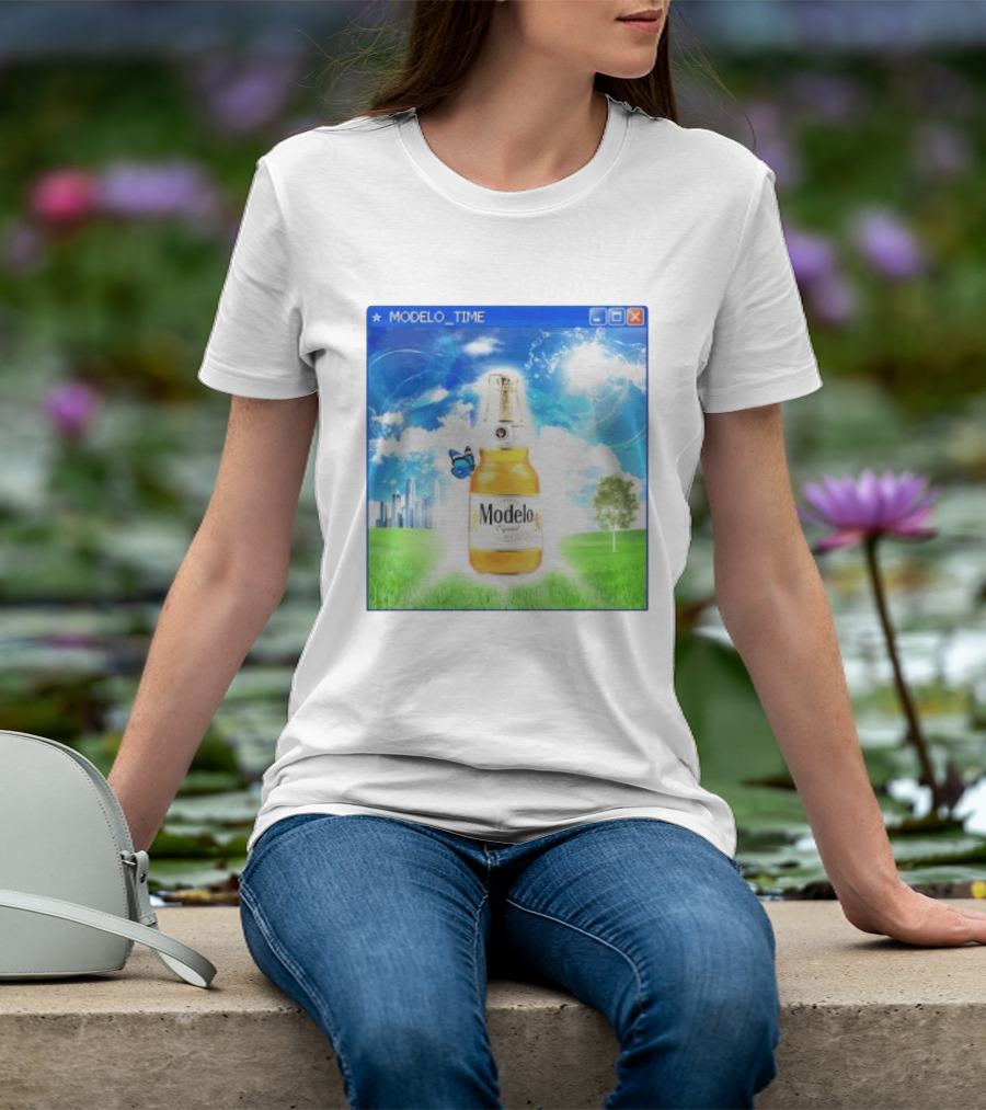 Modelo Time Frutiger Aero Aesthetic Butterfly Bottle Clouds Cityscape T-Shirt