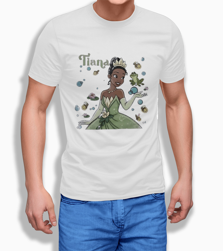 Tiana Disney Princess With Frog Fireflies And Water Lilies T-Shirt