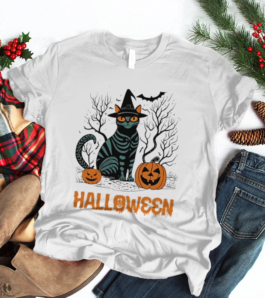 Halloween Skeleton Cat Witch Hat Pumpkins Spooky Forest Scene T-Shirt