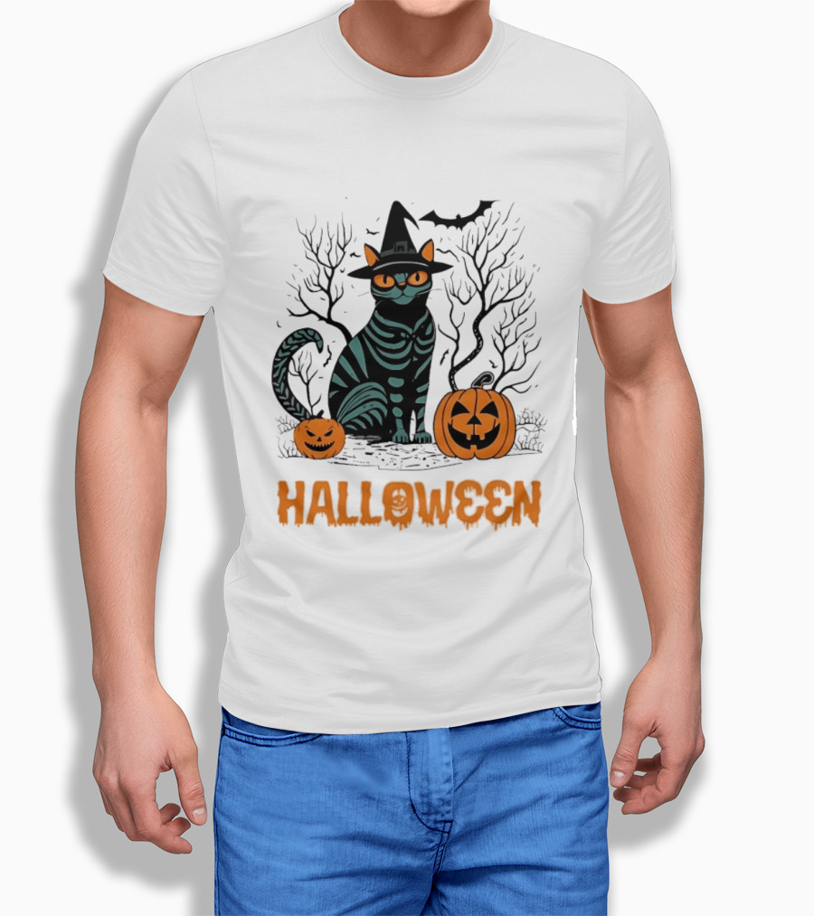 Halloween Skeleton Cat Witch Hat Pumpkins Spooky Forest Scene T-Shirt