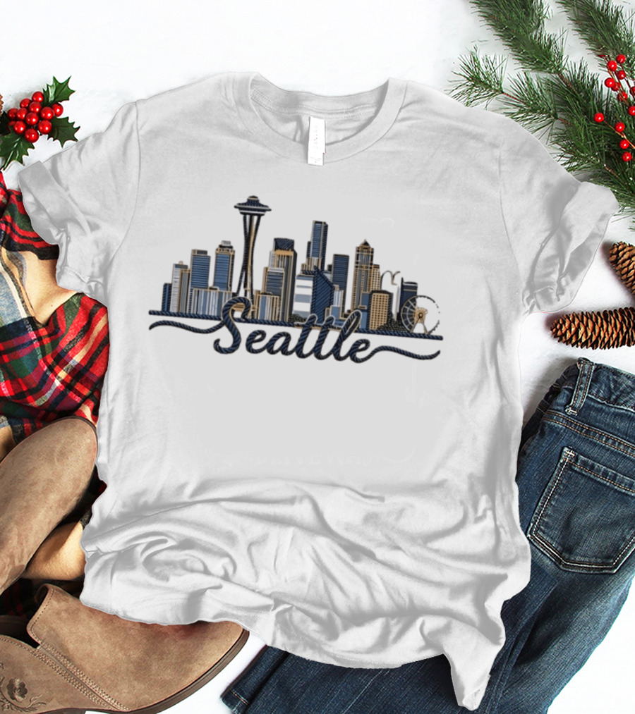 Seattle Skyline Rope Art Space Needle Ferris Wheel Cityscape T-Shirt