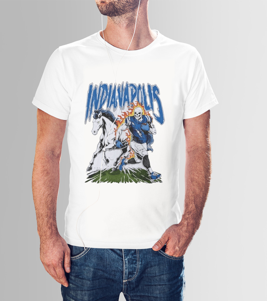Indianapolis Football Skull And Horse Sports Flame Player Running T-Shirt