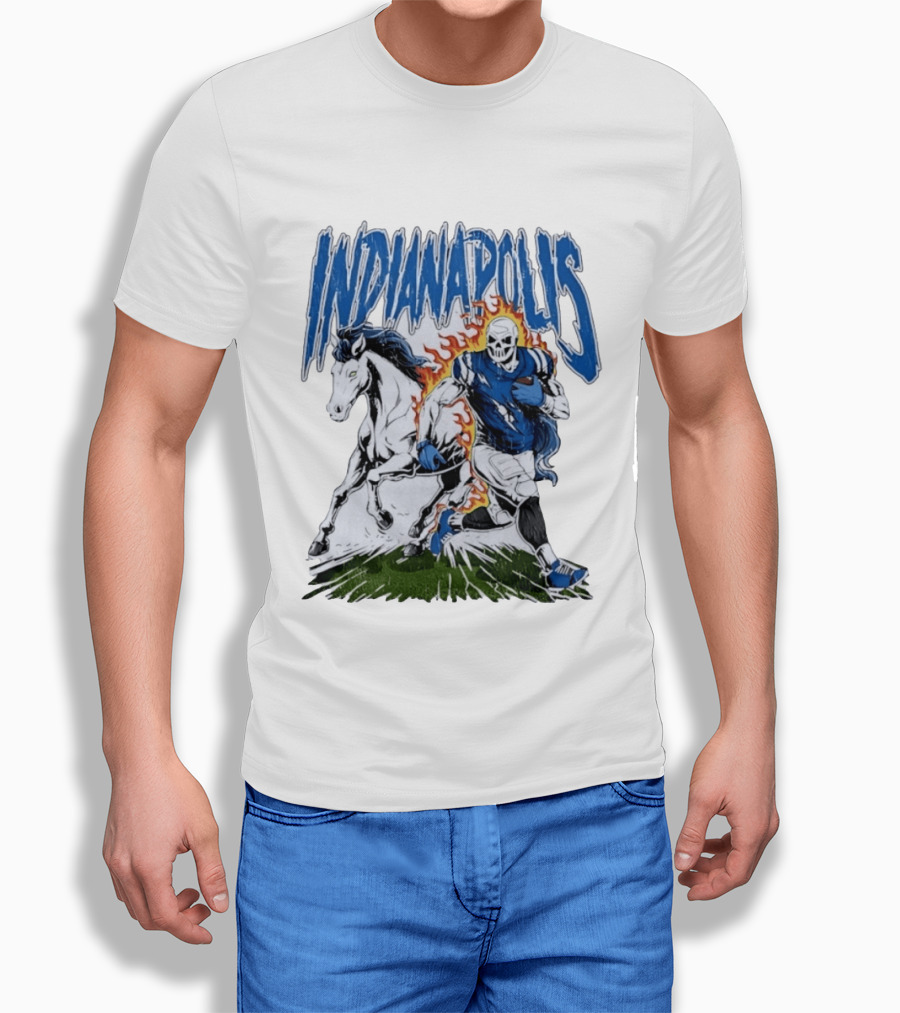 Indianapolis Football Skull And Horse Sports Flame Player Running T-Shirt