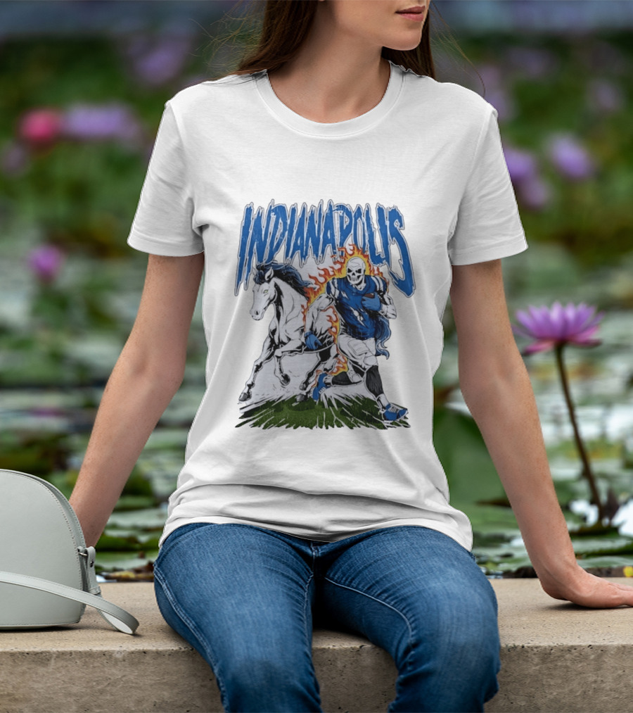 Indianapolis Football Skull And Horse Sports Flame Player Running T-Shirt