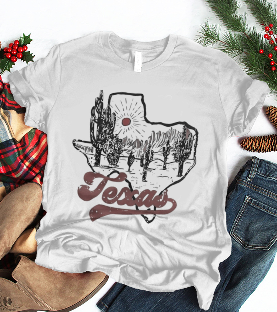 Texas Cacti Sun Rays Desert Scene Map T-Shirt