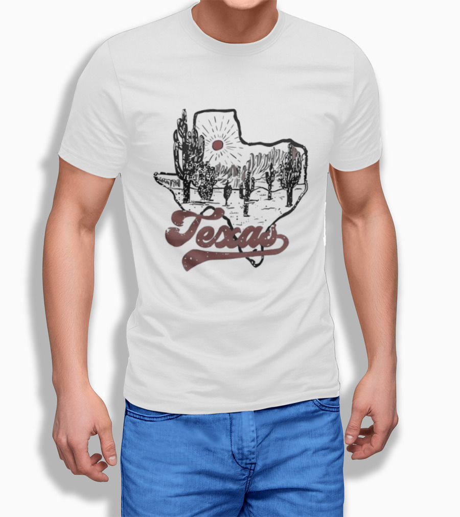 Texas Cacti Sun Rays Desert Scene Map T-Shirt