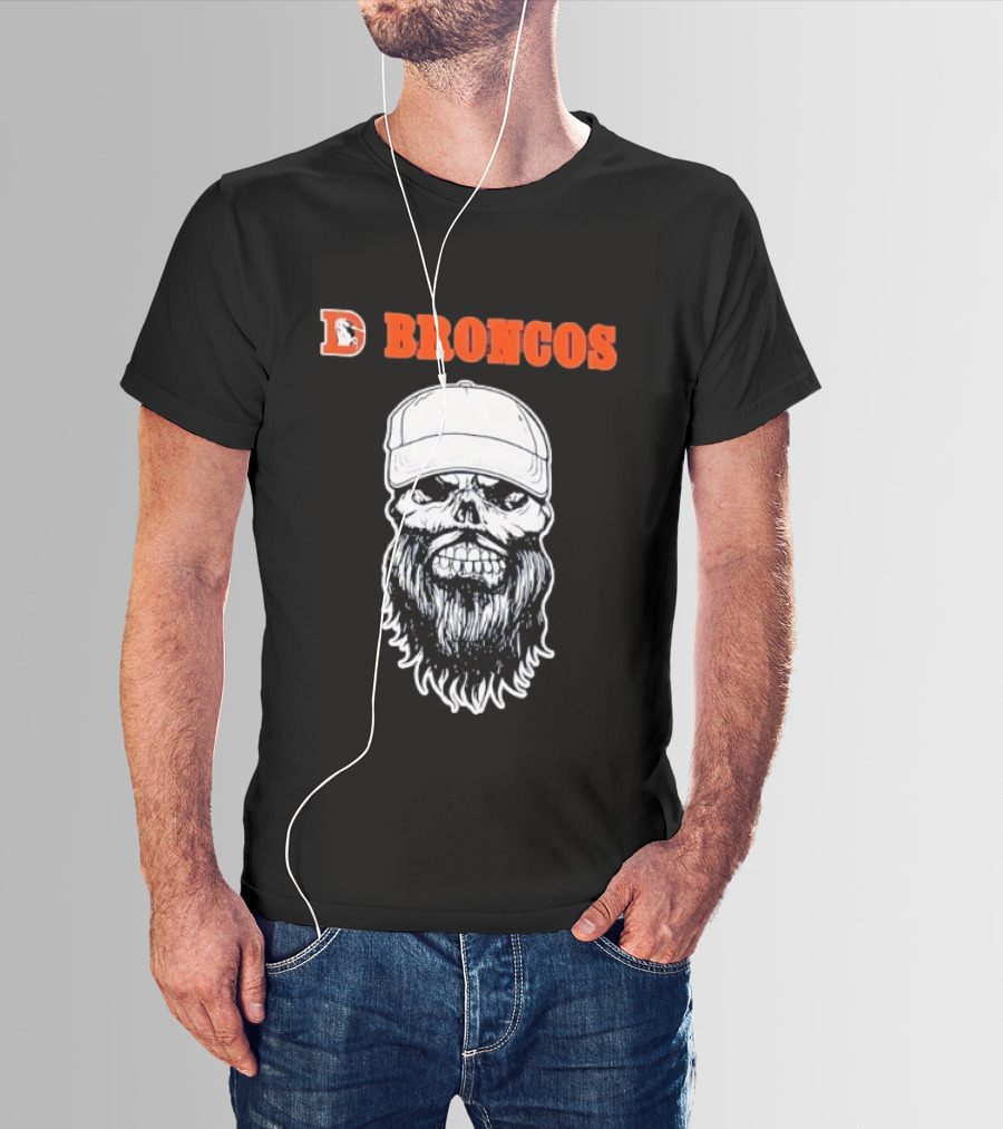 Broncos Bearded Skull With Cap Football Fan T-Shirt