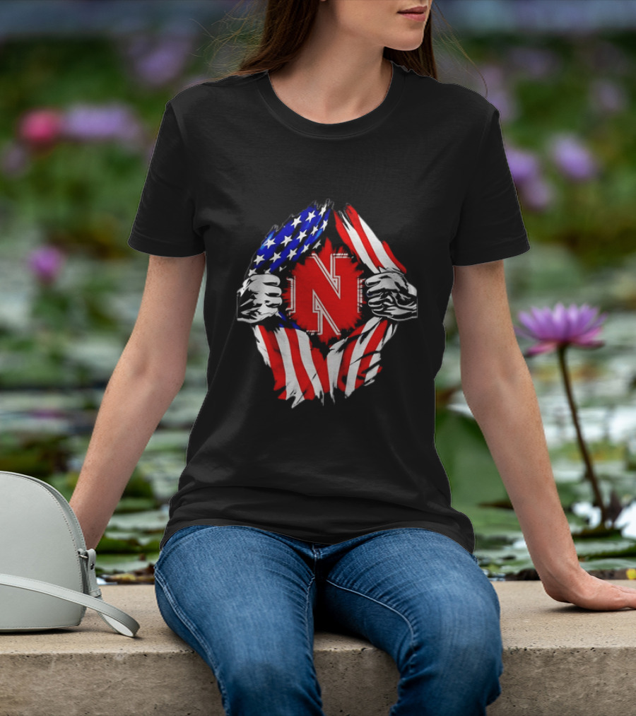 Nebraska Cornhuskers N Logo Ripped American Flag T-Shirt