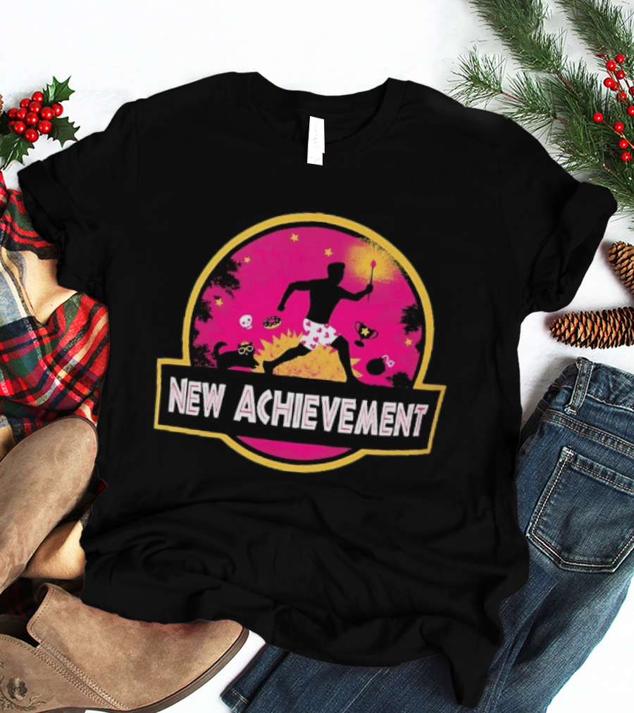 New Achievement Gaming Gamer Video Game Silhouette With Cat And Trophy T-Shirt